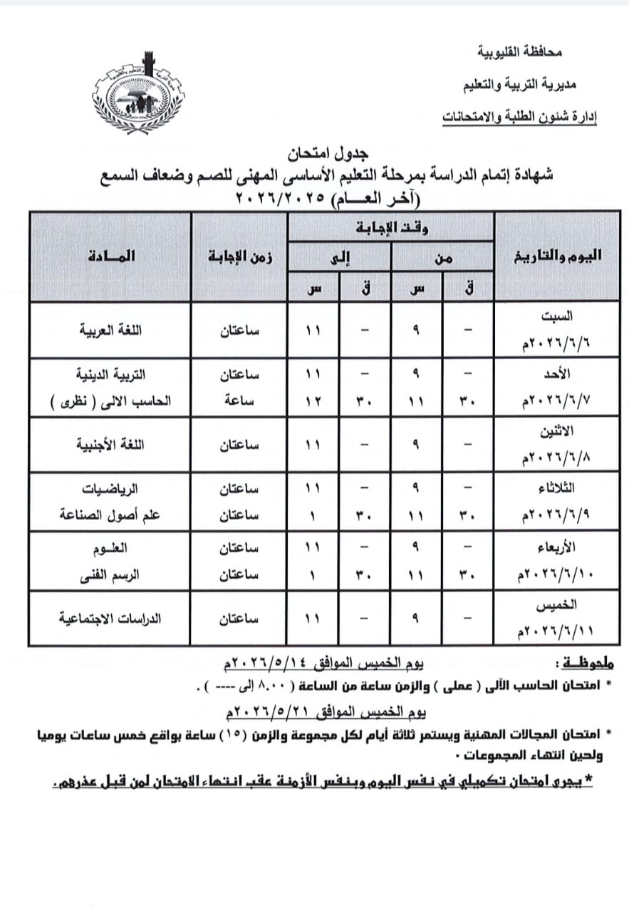 جدول امتحانات الصم وضعاف السمع