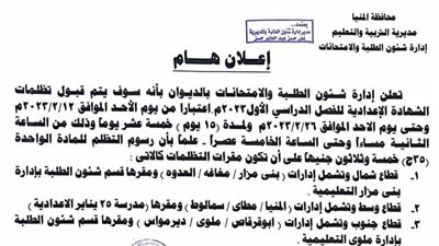 غدًا الأحد فتح باب التظلم للشهادة الإعدادية بالمنيا 