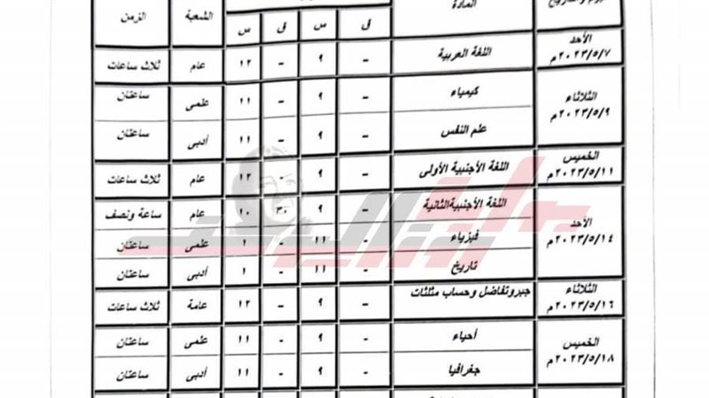 جدول امتحانات الصف