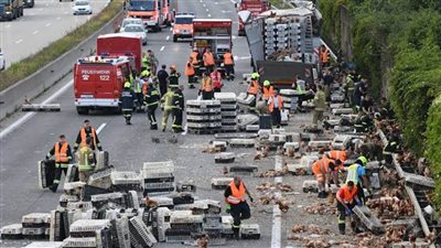 شاحنة تنقل آلاف الدجاج تنقلب على طريق سريع 