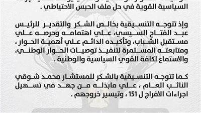 التنسيقية تؤكد أهمية تعديل قانون الإجراءات الجنائية وتثمن قرار إخلاء سبيل ١٥١ من المحبوسين احتياطيا
