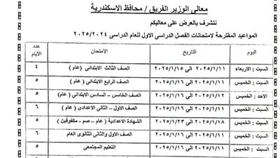 محافظ الإسكندرية يعتمد مواعيد امتحانات الفصل الدراسي الأول للعام الدراسي (2024/2025)
