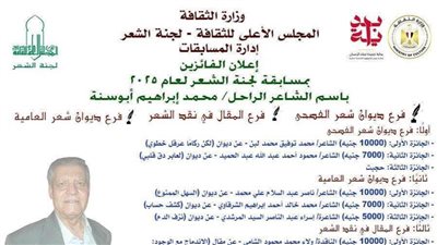 ننشر أسماء الفائزين في مسابقة لجنة الشعر باسم الشاعر الراحل محمد إبراهيم أبو سنة بـ