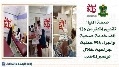 تقديم 136 ألف خدمة صحية وإجراء 996 عملية جراحية خلال نوفمبر الماضي بالمنيا