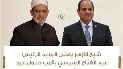 شيخ الأزهر يهنئ الرئيس عبد الفتاح السيسي والشعب المصري بقرب حلول عيد الفطر المبارك