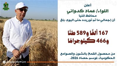 محافظ المنيا: توريد القمح يتخطى167 ألف طن منذ انطلاق موسم 2026