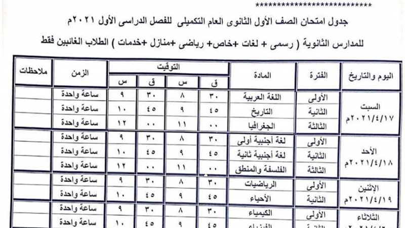 جدول امتحانات الصف