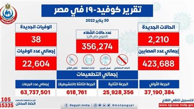 الصحة: تسجيل 2210 حالات إيجابية جديدة بفيروس كورونا.. و38 وفاة