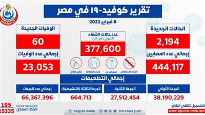 الصحة: تسجيل 2194 حالة إيجابية جديدة بفيروس كورونا.. و60 وفاة