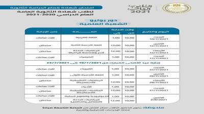 "إليك" جدول امتحانات الصف الثالث الثانوي 2021 علمي